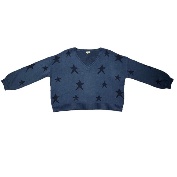 POL Blue Knit Sweater Women’s Medium Star Print Oversized V-Neck Long Sleeve - Picture 4 of 7
